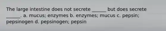 The large intestine does not secrete ______ but does secrete ______. a. mucus; enzymes b. enzymes; mucus c. pepsin; pepsinogen d. pepsinogen; pepsin