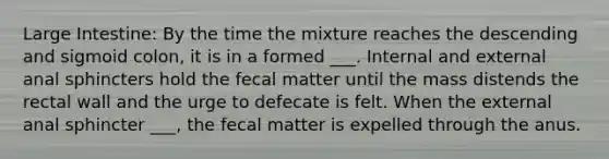 Large Intestine: By the time the mixture reaches the descending and sigmoid colon, it is in a formed ___. Internal and external anal sphincters hold the fecal matter until the mass distends the rectal wall and the urge to defecate is felt. When the external anal sphincter ___, the fecal matter is expelled through the anus.