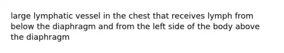 large lymphatic vessel in the chest that receives lymph from below the diaphragm and from the left side of the body above the diaphragm