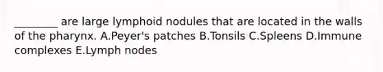 ________ are large lymphoid nodules that are located in the walls of the pharynx. A.Peyer's patches B.Tonsils C.Spleens D.Immune complexes E.Lymph nodes