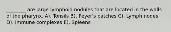 ________ are large lymphoid nodules that are located in the walls of the pharynx. A). Tonsils B). Peyer's patches C). Lymph nodes D). Immune complexes E). Spleens