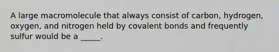 A large macromolecule that always consist of carbon, hydrogen, oxygen, and nitrogen held by covalent bonds and frequently sulfur would be a _____.