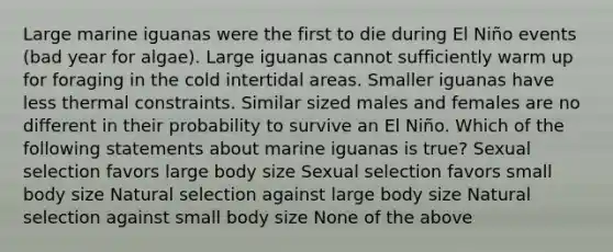 Large marine iguanas were the first to die during El Niño events (bad year for algae). Large iguanas cannot sufficiently warm up for foraging in the cold intertidal areas. Smaller iguanas have less thermal constraints. Similar sized males and females are no different in their probability to survive an El Niño. Which of the following statements about marine iguanas is true? Sexual selection favors large body size Sexual selection favors small body size Natural selection against large body size Natural selection against small body size None of the above