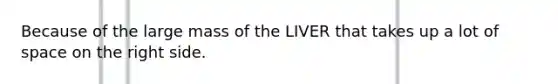 Because of the large mass of the LIVER that takes up a lot of space on the right side.