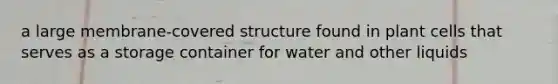 a large membrane-covered structure found in plant cells that serves as a storage container for water and other liquids