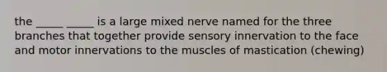 the _____ _____ is a large mixed nerve named for the three branches that together provide sensory innervation to the face and motor innervations to the muscles of mastication (chewing)