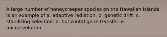 A large number of honeycreeper species on the Hawaiian Islands is an example of a. adaptive radiation. b. genetic drift. c. stabilizing selection. d. horizontal gene transfer. e. microevolution.