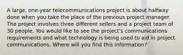 A large, one-year telecommunications project is about halfway done when you take the place of the previous project manager. The project involves three different sellers and a project team of 30 people. You would like to see the project's communications requirements and what technology is being used to aid in project communications. Where will you find this information?