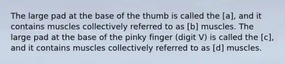 The large pad at the base of the thumb is called the [a], and it contains muscles collectively referred to as [b] muscles. The large pad at the base of the pinky finger (digit V) is called the [c], and it contains muscles collectively referred to as [d] muscles.