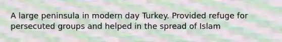 A large peninsula in modern day Turkey. Provided refuge for persecuted groups and helped in the spread of Islam