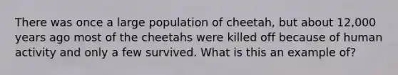 There was once a large population of cheetah, but about 12,000 years ago most of the cheetahs were killed off because of human activity and only a few survived. What is this an example of?