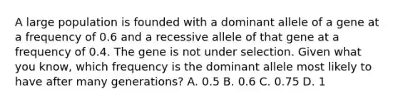 A large population is founded with a dominant allele of a gene at a frequency of 0.6 and a recessive allele of that gene at a frequency of 0.4. The gene is not under selection. Given what you know, which frequency is the dominant allele most likely to have after many generations? A. 0.5 B. 0.6 C. 0.75 D. 1