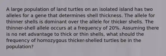 A large population of land turtles on an isolated island has two alleles for a gene that determines shell thickness. The allele for thinner shells is dominant over the allele for thicker shells. The thinner-shell allele occurs at a frequency of 20%. Assuming there is no net advantage to thick or thin shells, what should the frequency of homozygous thicker-shelled turtles be in the population?