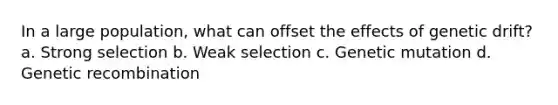 In a large population, what can offset the effects of genetic drift? a. Strong selection b. Weak selection c. Genetic mutation d. Genetic recombination