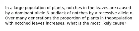 In a large population of plants, notches in the leaves are caused by a dominant allele N andlack of notches by a recessive allele n. Over many generations the proportion of plants in thepopulation with notched leaves increases. What is the most likely cause?