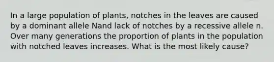 In a large population of plants, notches in the leaves are caused by a dominant allele Nand lack of notches by a recessive allele n. Over many generations the proportion of plants in the population with notched leaves increases. What is the most likely cause?