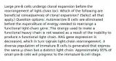 Large pre-B cells undergo clonal expansion before the rearrangement of light-chain loci. Which of the following are beneficial consequences of clonal expansion? (Select all that apply.) Question options: Autoreactive B cells are eliminated before the expenditure of energy needed to rearrange a functional light-chain gene. The energy used to make a functional heavy chain is not wasted as a result of the inability to produce a functional light chain. RAG gene expression is decreased, which in turn signals light-chain rearrangement. A diverse population of immature B cells is generated that express the same μ chain but a distinct light chain. Approximately 85% of small pre-B cells will progress to the immature B-cell stage.