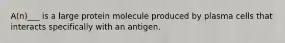 A(n)___ is a large protein molecule produced by plasma cells that interacts specifically with an antigen.