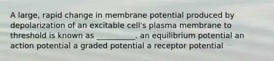 A large, rapid change in membrane potential produced by depolarization of an excitable cell's plasma membrane to threshold is known as __________. an equilibrium potential an action potential a graded potential a receptor potential