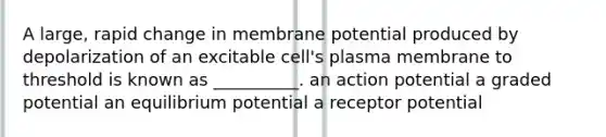 A large, rapid change in membrane potential produced by depolarization of an excitable cell's plasma membrane to threshold is known as __________. an action potential a graded potential an equilibrium potential a receptor potential