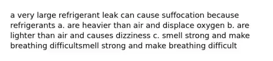 a very large refrigerant leak can cause suffocation because refrigerants a. are heavier than air and displace oxygen b. are lighter than air and causes dizziness c. smell strong and make breathing difficultsmell strong and make breathing difficult