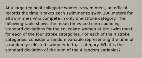 At a large regional collegiate women's swim meet, an official records the time it takes each swimmer to swim 100 meters for all swimmers who compete in only one stroke category. The following table shows the mean times and corresponding standard deviations for the collegiate women at the swim meet for each of the four stroke categories. For each of the 4 stroke categories, consider a random variable representing the time of a randomly selected swimmer in that category. What is the standard deviation of the sum of the 4 random variables?