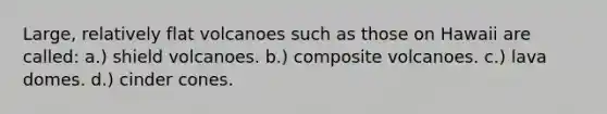 Large, relatively flat volcanoes such as those on Hawaii are called: a.) shield volcanoes. b.) composite volcanoes. c.) lava domes. d.) cinder cones.