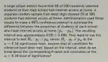 A large school district found that [88] of [100] randomly selected students at East High School had internet access at home. A separate random sample from West High showed [79] of [100] students had internet access at home. Administrators used those results to make a [90%] confidence interval to estimate the difference between the proportion of students at each school who have internet access at home [(p_(E)-p_(W))]. The resulting interval was approximately [0.09pm0.086]. They want to use this interval to test [H_0: p_(E)=p_(W)] versus [H_(a): p_(E) neq p_(W)] at the [alpha=0.10] significance level. Assume that all conditions for inference have been met. Based on the interval, what do we know about the corresponding P-value and conclusion at the [alpha=0.10] level of significance?