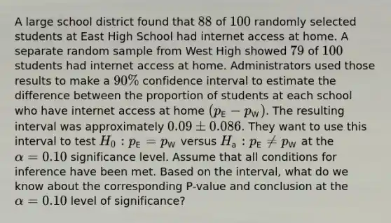 A large school district found that [88] of [100] randomly selected students at East High School had internet access at home. A separate random sample from West High showed [79] of [100] students had internet access at home. Administrators used those results to make a [90%] confidence interval to estimate the difference between the proportion of students at each school who have internet access at home [(p_(E)-p_(W))]. The resulting interval was approximately [0.09pm0.086]. They want to use this interval to test [H_0: p_(E)=p_(W)] versus [H_(a): p_(E) neq p_(W)] at the [alpha=0.10] significance level. Assume that all conditions for inference have been met. Based on the interval, what do we know about the corresponding P-value and conclusion at the [alpha=0.10] level of significance?