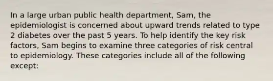 In a large urban public health department, Sam, the epidemiologist is concerned about upward trends related to type 2 diabetes over the past 5 years. To help identify the key risk factors, Sam begins to examine three categories of risk central to epidemiology. These categories include all of the following except: