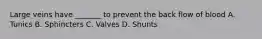 Large veins have _______ to prevent the back flow of blood A. Tunics B. Sphincters C. Valves D. Shunts