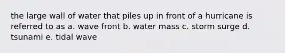 the large wall of water that piles up in front of a hurricane is referred to as a. wave front b. water mass c. storm surge d. tsunami e. tidal wave