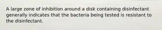 A large zone of inhibition around a disk containing disinfectant generally indicates that the bacteria being tested is resistant to the disinfectant.