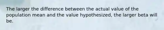 The larger the difference between the actual value of the population mean and the value hypothesized, the larger beta will be.