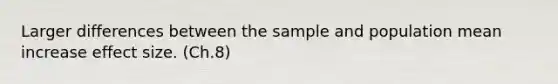 Larger differences between the sample and population mean increase effect size. (Ch.8)