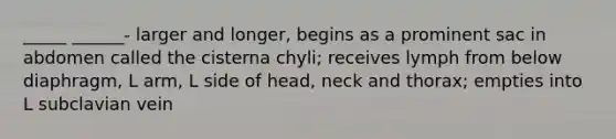 _____ ______- larger and longer, begins as a prominent sac in abdomen called the cisterna chyli; receives lymph from below diaphragm, L arm, L side of head, neck and thorax; empties into L subclavian vein