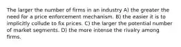 The larger the number of firms in an industry A) the greater the need for a price enforcement mechanism. B) the easier it is to implicitly collude to fix prices. C) the larger the potential number of market segments. D) the more intense the rivalry among firms.