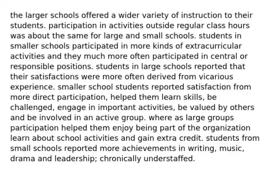 the larger schools offered a wider variety of instruction to their students. participation in activities outside regular class hours was about the same for large and small schools. students in smaller schools participated in more kinds of extracurricular activities and they much more often participated in central or responsible positions. students in large schools reported that their satisfactions were more often derived from vicarious experience. smaller school students reported satisfaction from more direct participation, helped them learn skills, be challenged, engage in important activities, be valued by others and be involved in an active group. where as large groups participation helped them enjoy being part of the organization learn about school activities and gain extra credit. students from small schools reported more achievements in writing, music, drama and leadership; chronically understaffed.