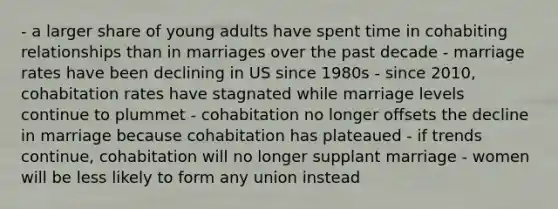 - a larger share of young adults have spent time in cohabiting relationships than in marriages over the past decade - marriage rates have been declining in US since 1980s - since 2010, cohabitation rates have stagnated while marriage levels continue to plummet - cohabitation no longer offsets the decline in marriage because cohabitation has plateaued - if trends continue, cohabitation will no longer supplant marriage - women will be less likely to form any union instead