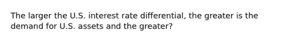 The larger the U.S. interest rate differential, the greater is the demand for U.S. assets and the greater?