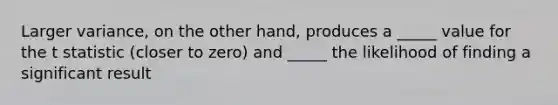 Larger variance, on the other hand, produces a _____ value for the t statistic (closer to zero) and _____ the likelihood of finding a significant result