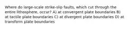 Where do large-scale strike-slip faults, which cut through the entire lithosphere, occur? A) at convergent plate boundaries B) at tactile plate boundaries C) at divergent plate boundaries D) at transform plate boundaries