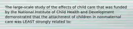 The large-scale study of the effects of child care that was funded by the National Institute of Child Health and Development demonstrated that the attachment of children in nonmaternal care was LEAST strongly related to: