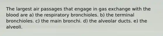 The largest air passages that engage in <a href='https://www.questionai.com/knowledge/kU8LNOksTA-gas-exchange' class='anchor-knowledge'>gas exchange</a> with <a href='https://www.questionai.com/knowledge/k7oXMfj7lk-the-blood' class='anchor-knowledge'>the blood</a> are a) the respiratory bronchioles. b) the terminal bronchioles. c) the main bronchi. d) the alveolar ducts. e) the alveoli.