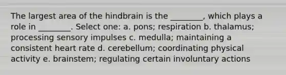 The largest area of the hindbrain is the ________, which plays a role in ________. Select one: a. pons; respiration b. thalamus; processing sensory impulses c. medulla; maintaining a consistent heart rate d. cerebellum; coordinating physical activity e. brainstem; regulating certain involuntary actions