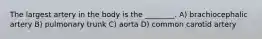 The largest artery in the body is the ________. A) brachiocephalic artery B) pulmonary trunk C) aorta D) common carotid artery