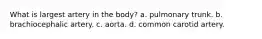 What is largest artery in the body? a. pulmonary trunk. b. brachiocephalic artery. c. aorta. d. common carotid artery.