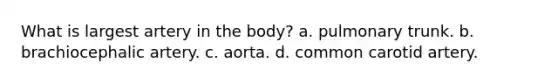 What is largest artery in the body? a. pulmonary trunk. b. brachiocephalic artery. c. aorta. d. common carotid artery.