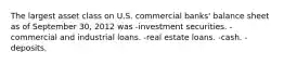 The largest asset class on U.S. commercial banks' balance sheet as of September 30, 2012 was -investment securities. -commercial and industrial loans. -real estate loans. -cash. -deposits.