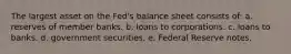 The largest asset on the Fed's balance sheet consists of: a. reserves of member banks. b. loans to corporations. c. loans to banks. d. government securities. e. Federal Reserve notes.